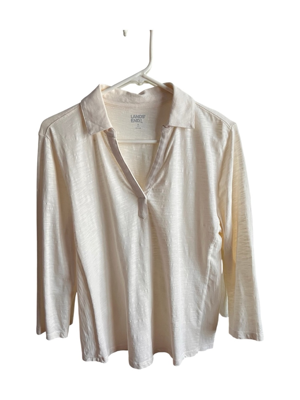 Lands' End Cream Collared V-Neck 3/4  Sleeve Shirt